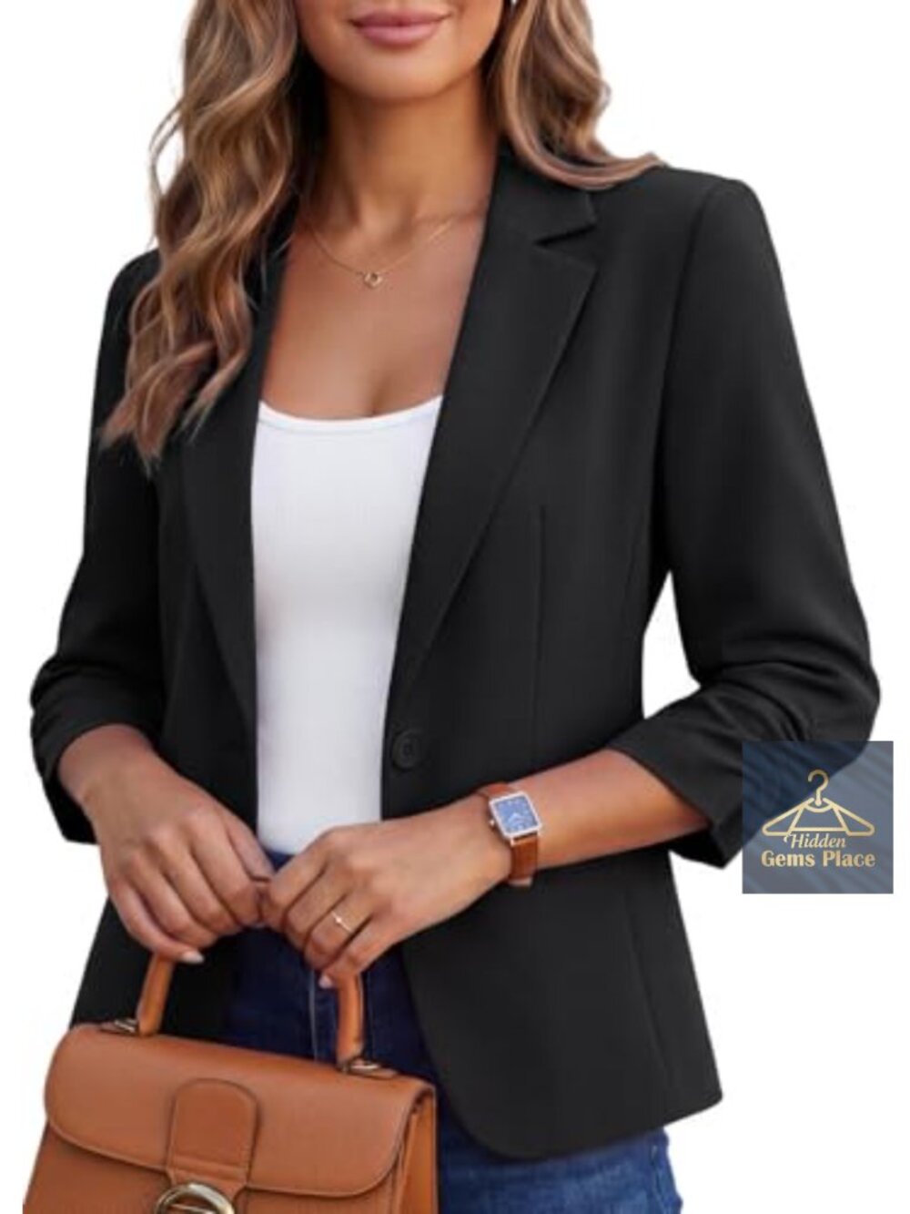 Fitted 3/4 Sleeve Blazer with Ruched Sleeves, Notch Lapel, Solid Work Suit